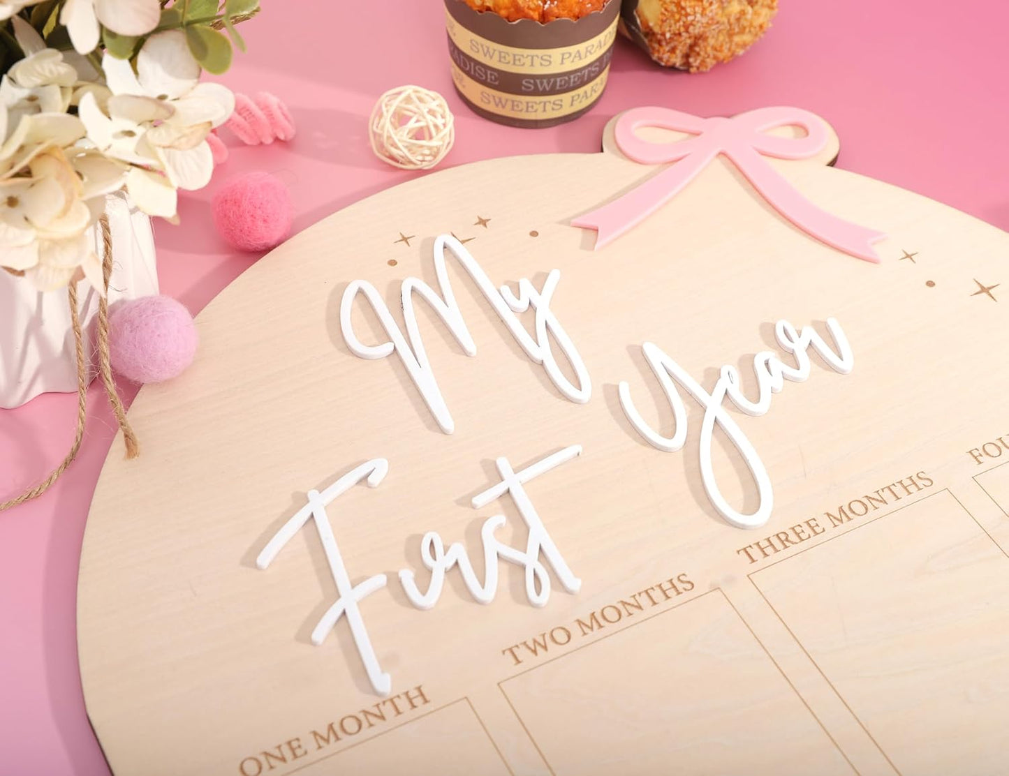 WAUAO My First Year Birthday Board - Monthly Milestone Wood Photo Display for Girls | 12 Months of Memories