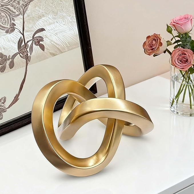 Knot Geometric Sculpture Decor,Mid Century Modern Abstract Figurines,Home Decor Statue,Bookcase Decor,Decorative Accents for Living Room, Coffee Table, Office Desktop, Shelf (Gold)