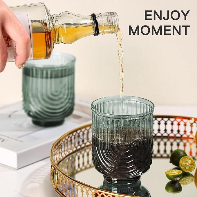 JOVGANK Green Vintage Glassware Set of 6-14Oz Green Water Drinking Glass, Art Deco Ripple Highball Glass, Whiskey Cocktail Glasses, for Bar Ice Coffee Juice, Housewarming Gifts and Mother's Day Gift