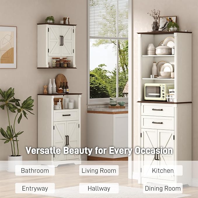 jiteentarou Farmhouse Bathroom Storage Cabinet,Bathroom Floor Storage Cabinet with Roman Column Decor,Small End Table with Barn Doors,Small Bathrooms Organizer(Rustic White)