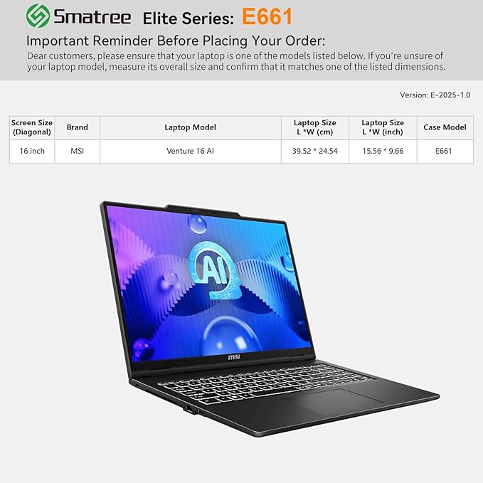 Smatree Laptop Sleeve for 16 inch MSI Venture 16 AI, Protective Computer Case with Accessory Pocket, YKK Zipper, Patented Shockproof Design (E661)