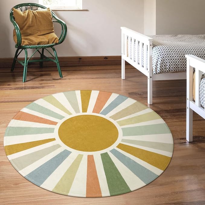 STARUIA Boho Washable Rug 5 Ft Round Area Rug for Bedroom, Rainbow Circle Kids Rug for Office, Non-Slip Circluar Carpet Soft Sunshine for Dorm Nursery Sofa Living Room Corner
