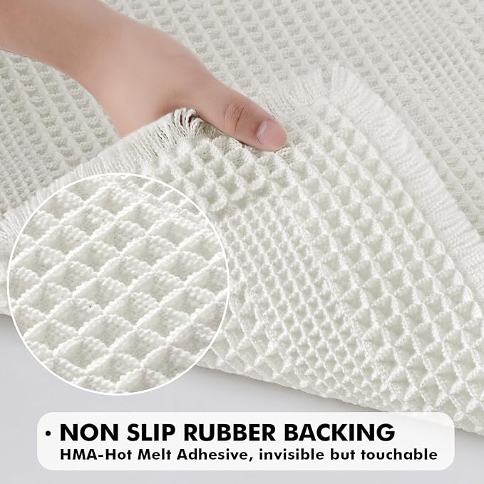 MIULEE Set of 2 Waffle Bathroom Rugs, Boho Bath Rug Super Absorbent, Non Slip Washable Ultra Soft Rubber Backed Shower Bath Mats for Floor, Tub, Shower, Looped Design, White, 17"x24"+18"x30"