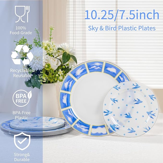 U-QE 20PCS Blue Plates - Blue Plastic Plates Disposable&Reusable - Heavy Duty Plastic Plate for Party&Wedding Including 10 Dinner 10.25" & 10 Appetizer Plate 7.5"