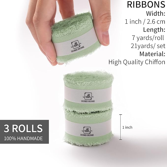 DORIS HOME Sage Green Chiffon Ribbon for Flower Bouquet, 1" x21Yd Fabric Ribbon for Gift Wrapping, Handmade Frayed Ribbon for Wedding Invitations/Christmas Decorations