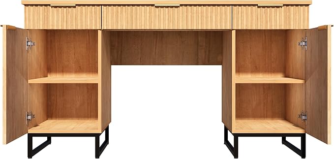 55" Fluted Executive Desk with File Drawer,Wooden Computer Desk with Storage,Light Wood Modern Office Desk for Work and Studying,Natural Oak (1, Natural Oak)