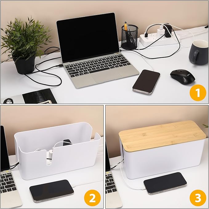 ZhiYo Bamboo Lid Cord Organizer Box, 2Pack Large Cable Management Box, Safe ABS Wire Organizer for TV and Computer, Wood Cover Cord Hider to Hide Wires, USB Hub & Under Desk Power Strip, White