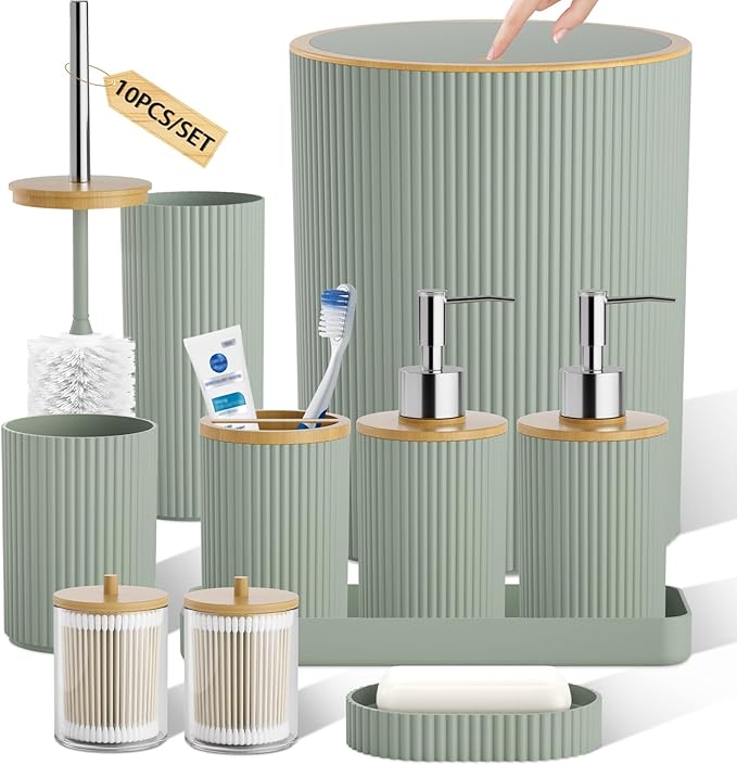 10PC Bathroom Accessories Set - Sage Green Bathroom Sets, Bathroom Accessory Set with Pop Up Trash Can, Toilet Brush, Trash Can, Qtip Holder & Soap Dispenser