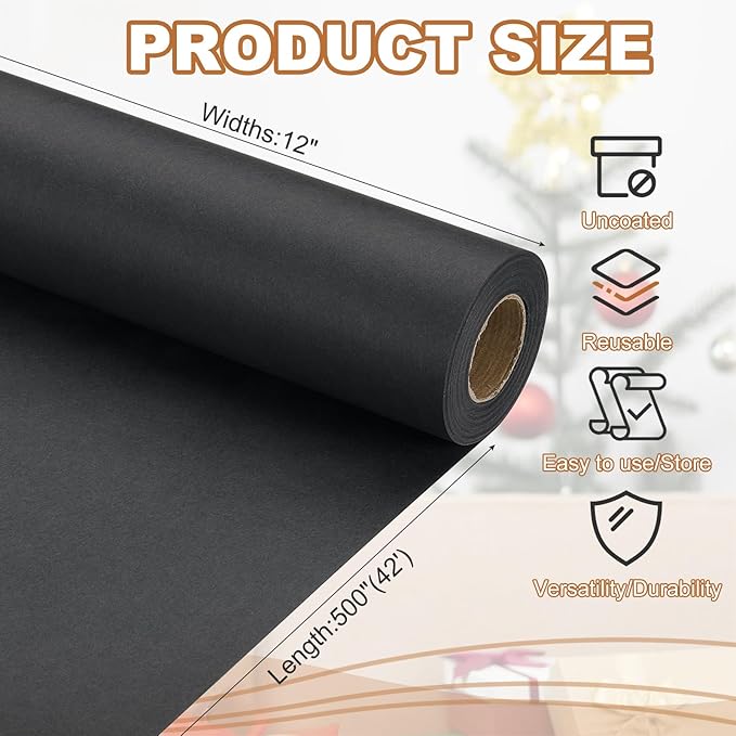PATIKIL Wrapping Paper, 12" x 500"(42') 70 GSM Craft Paper Roll Kraft Packing Paper for Poster Bulletin Board, Gift Wrapping, Black