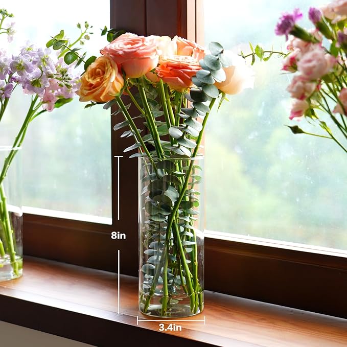 4pcs Glass Cylinder Vases for Centerpieces - 8 Inch Tall Glass Vases for Flowers, Hurricane Candle Holders Floating Candle Vase for Table Centerpiece Formal Dinners Home Decor