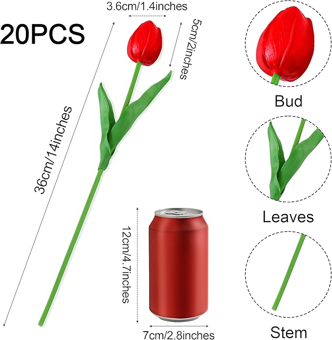 20pcs Red Tulips Artificial Flowers Fake Silk Tulips Real Touch Flowers for Spring Kitchen Wedding Home Decor Arrangements Easter Decor 14 Inch
