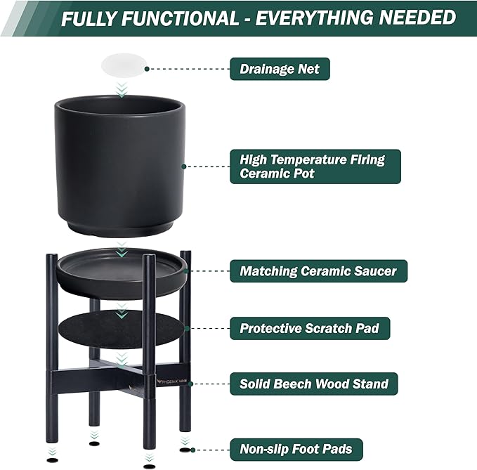 D'vine Dev Ceramic Planter with Ebony Stand - 14 Inch Modern Round Flower Pot with Wood Planter Holder, Black, 55-B-S-2