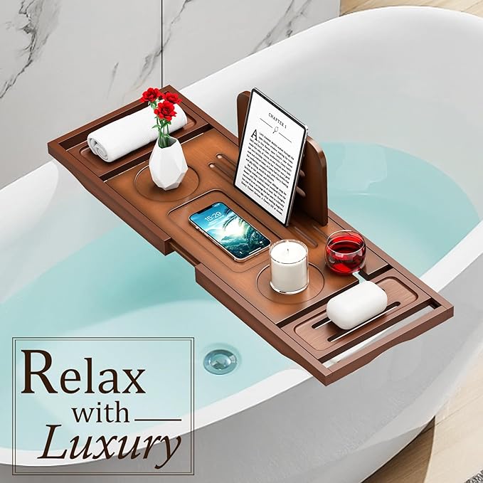Premium Bamboo Bathtub Tray Caddy - Bath Tub Tray Table for Bathtub - Bath Caddy Tray for Bathtub, Expandable Size, Fits Most Bath Tubs