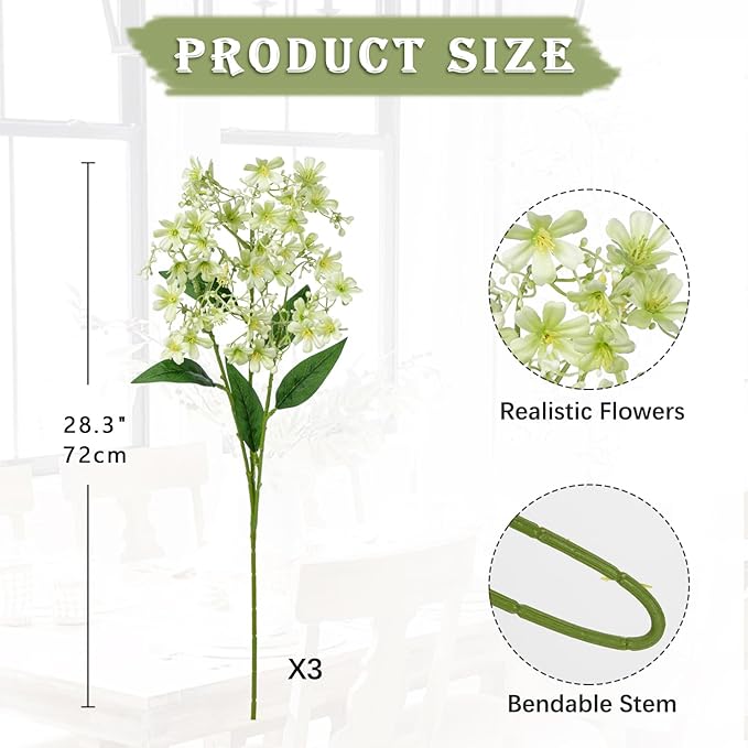 Hollyone Artificial Daphne Flowers with Long Stem 3Pcs Faux Light Green Flowers 28.3” Fake Spring Silk Flowers Piacks Bouquet for Floral Arrangement Wedding Party Centerpiece Table Home Decor