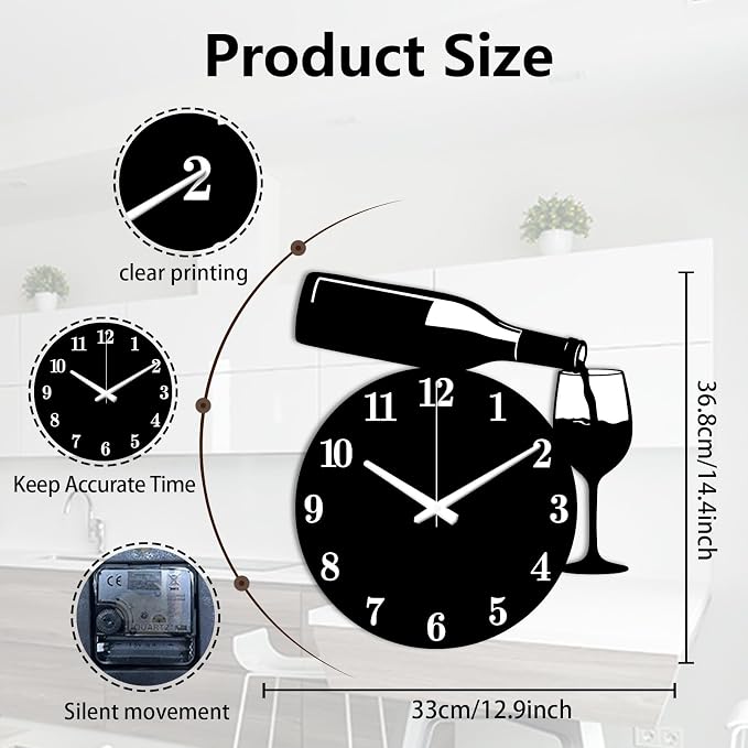 Red Wine Wall Clock Irregular Shape Decorative Wall Clock Wine Glass Non-Ticking Clock for Home Office Decoration, 14.48×12.99 inch