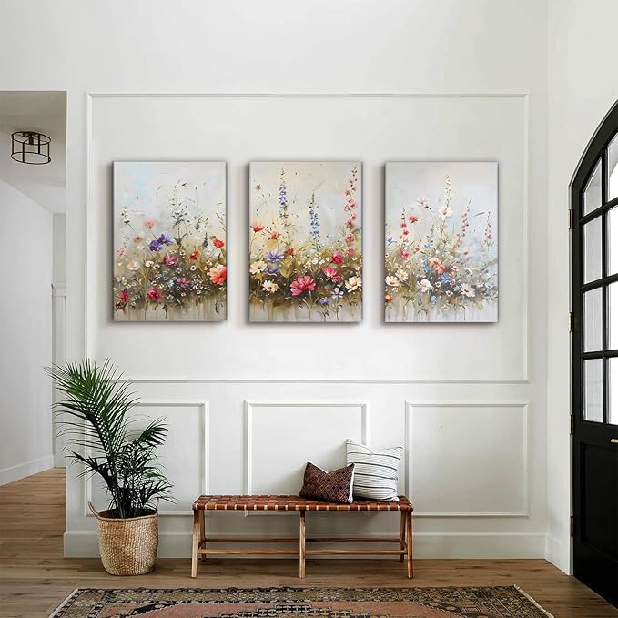SERIMINO Large Wall Art for Living Room Canvas Prints, Nature Floral Botanical Wall Art Set 3 Piece Farmhouse Decor, Misty Flowers Modern Home Decor Paintings for Bedroom Bathroom 20"X28"