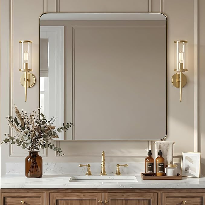 ANDY STAR Square Wall Mirror for Bathroom, 24”x24” Brushed Gold Bathroom Mirror, Rounded Corner Metal Mirror in Premium Stainless Steel Frame Hangs Horizontal Or Vertical（No Rose Gold）