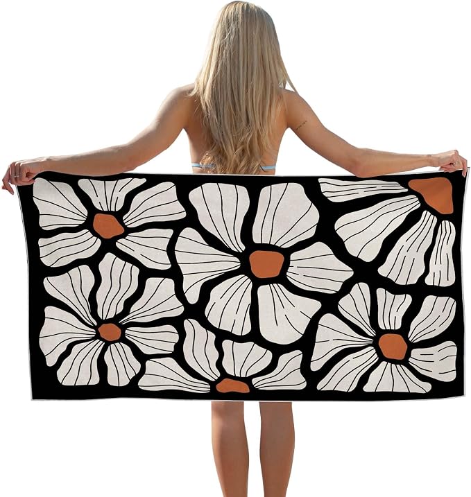 Boho Floral Beach Towel, Boho Floral Bathroom Decor, Retro Abstract Flower Oversized Bath Pool Swim Towels Blanket for Bathroom Travel Swimming Camping Sport, 30x60 Inch