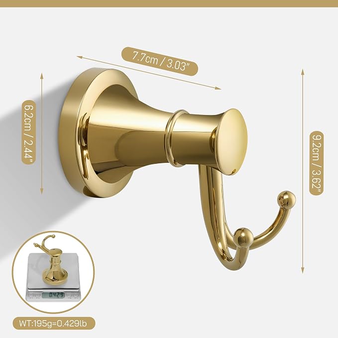 Gold Bathroom Towel Hook, Brushed Gold Bathroom Robe Hook, Heavy Duty Double Towel Hooks Bath Modern Coat Clothes Hook Wall Mounted for Kitchen Washroom