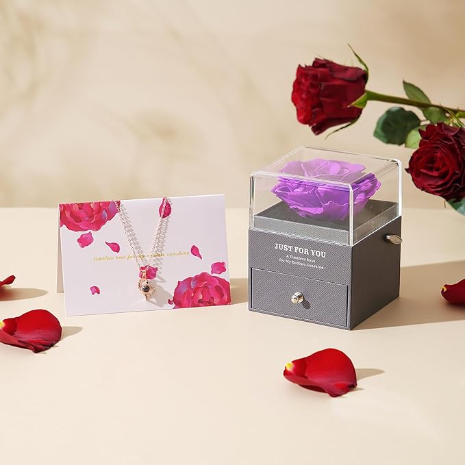 Preserved Rose Gifts for Mom Birthday – Forever Real Rose Music Box for Women – You Are My Sunshine Gifts for Mom Grandma Wife Girlfriend – Eternal Roses Box with I Love You Necklace in 100 Languages