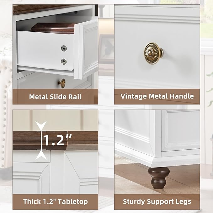 24" Wide Farmhouse Night Stand,Large End Table with 3 Drawers & Metal Handle,White Wood Dresser for Bedroom Cabinet, Bed Side Tabl·e Chest of Drawers,Nightstand for Living Room