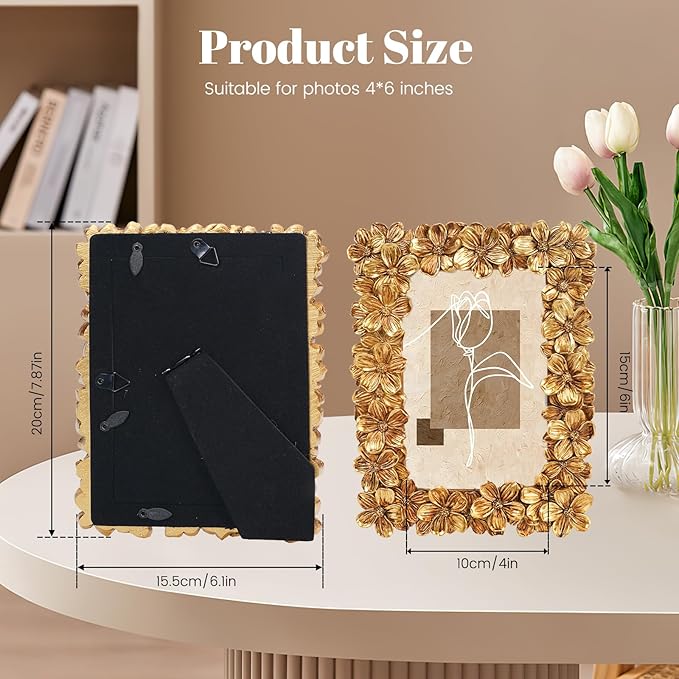 Floral Photo Frame 4x6, Gold Vintage Picture Frames with Carved Flower, Resin Picture Frame with Glass Front, Photos Display for Tabletop or Wall Hanging, Ornate Handmade Photo Frames, Gift Ideas