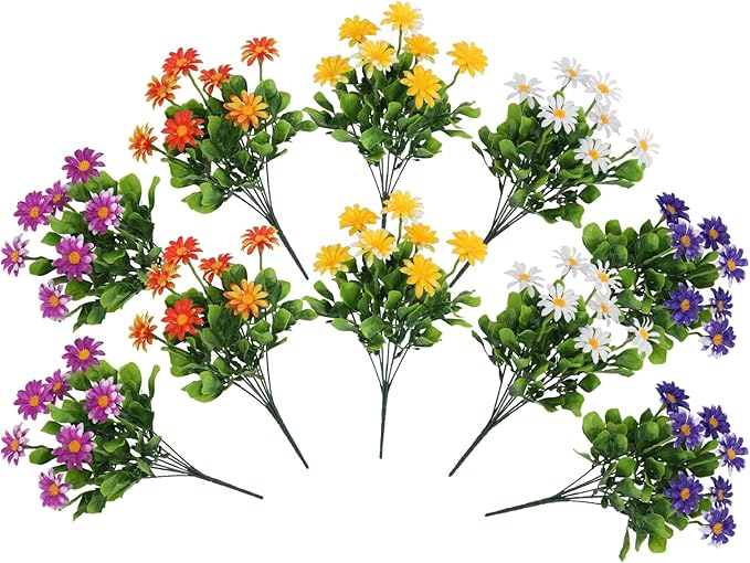 LOGOFUN 10pcs Artificial Chrysanthemum Daisy Bouquet Faux Plastic Flowers for Home Garden Decor