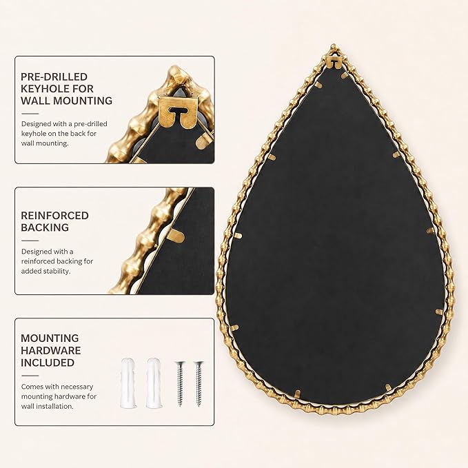 24x36 Inch Large Teardrop Wall Mirror with Bold Antique Gold Beaded Iron Metal Frame, Pointed Arch Vertical Vanity Mirror for Bathroom, Entryway, Bedroom, Living Room Wall Mounted