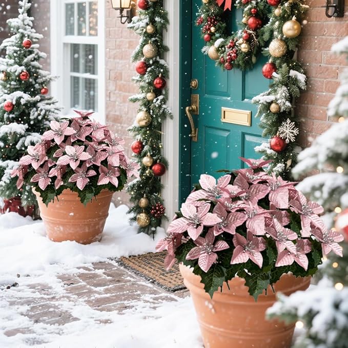 8 Pack 5 Heads Christmas Artificial Poinsettia Flowers Faux Poinsettia Bush Bouquets Silk Poinsettia Christmas Tree Ornaments Poinsettia Flower Arrangement for Home Decor