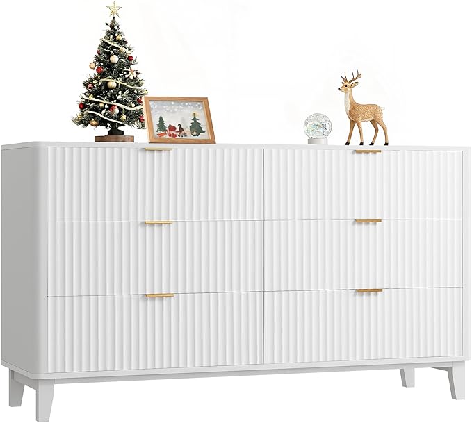WLIVE Fluted Dresser for Bedroom with 6 Drawers, 54" Wide Wood Dresser with Golden Metal Handles, TV Stand for 65 inch TV, Mid Century Modern Chest of Drawers for Living Room, Hallway, Closet, White