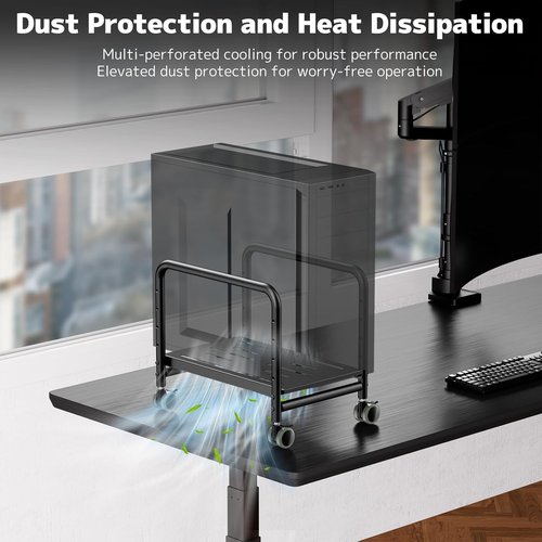 PUTORSEN Computer Tower Stand - Height Adjustable Rolling CPU Holder with 360° Locking Wheels, Black