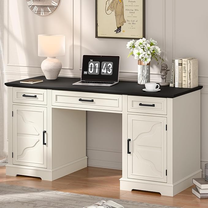 Vabches Computer Desk with File Drawer,Rustic Executive Desk with Drawers Wood Office Desk with Ample Storage Drawers,Farmhouse Large Home Wrting Desk with Drawers for Bedroom,White