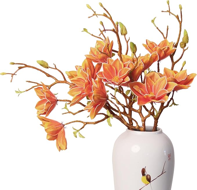 3pcs Artificial Magnolia Flower Branches, 31 Inch Long Stem Faux Floral, Premium Faux Bloom for Home Decor, Centerpieces, and Wedding Arrangements, Orange