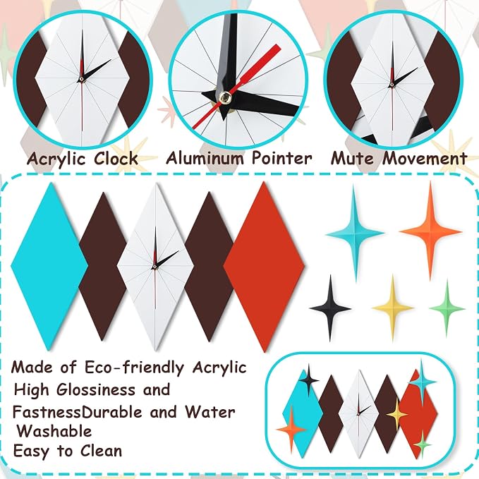 Thyle 25 inch Mid Century Modern Wall Clock Decor with 5 Pcs Retro 3D Star Art Wall Sculpture Starburst Clock Art Vintage Home Decor Accent for Living Room Bedroom Office (Geometric)