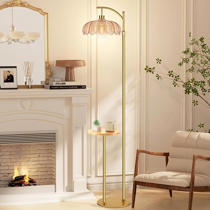 QIYIZM Gold Floor Lamp with Table and Shelves for Living Room Bedroom,Glass Standing Lamp with Remote Dimmable,Boho Brass Tall Lamp Vintage Farmhouse Arc Flower Floor Light Bohemian
