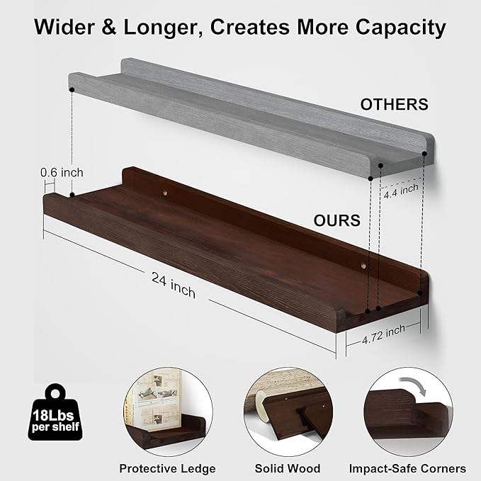 Love-KANKEI Floating Shelves Wall Mounted Set of 2, 24 Inch Wood Storage Wall Shelves for Bedroom Living Room Bathroom Kitchen Office and More Dark Walnut