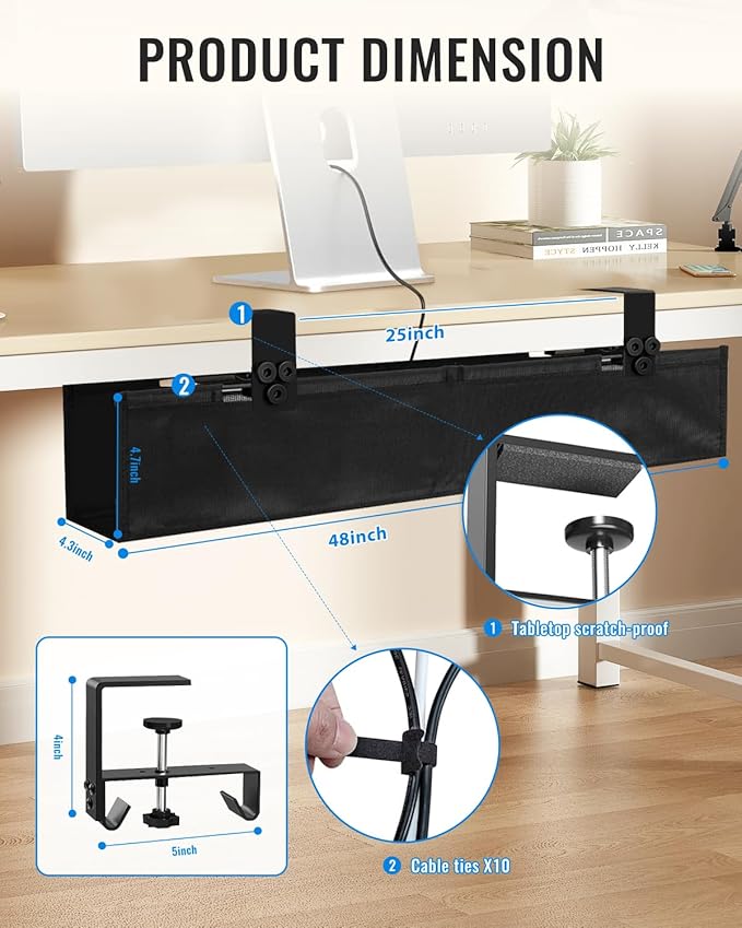 48" No Drill Under Desk Cable Management Tray - Upgraded Oxford Fabric with Cable Loop, No Damage to Table for Standing Desks and Home Office (Extra Large (48 Inch))