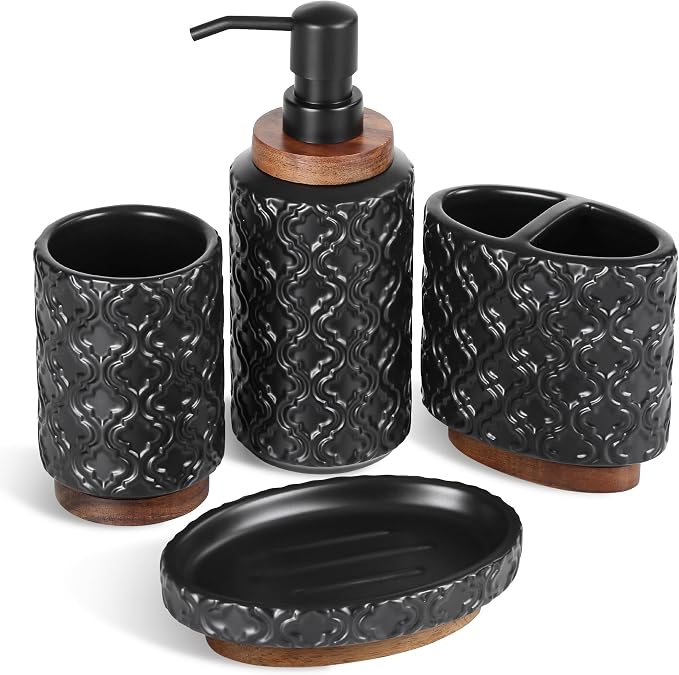 RQYIXI Elegant 4 PCS Ceramic&Wood Bathroom Accessories Set:Soap Dispenser,Toothbrush Holder,Tumbler,Soap Dish,Easy to Clean,Quatrefoil Pattern,Black-Affordable Luxury for Home Decor Enthusiasts