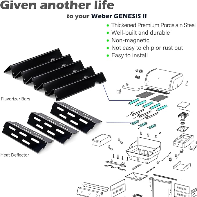 Genesis ii Flavorizer Bars Heat Deflector Grill Replacement Part for Weber Genesis 2 Grill Parts GS4 Flavor Bars II/Lx 300 Series ii E-310 ii S-310 ii SE-310 E-315 S-335 Weber 66032 66040, Porcelain