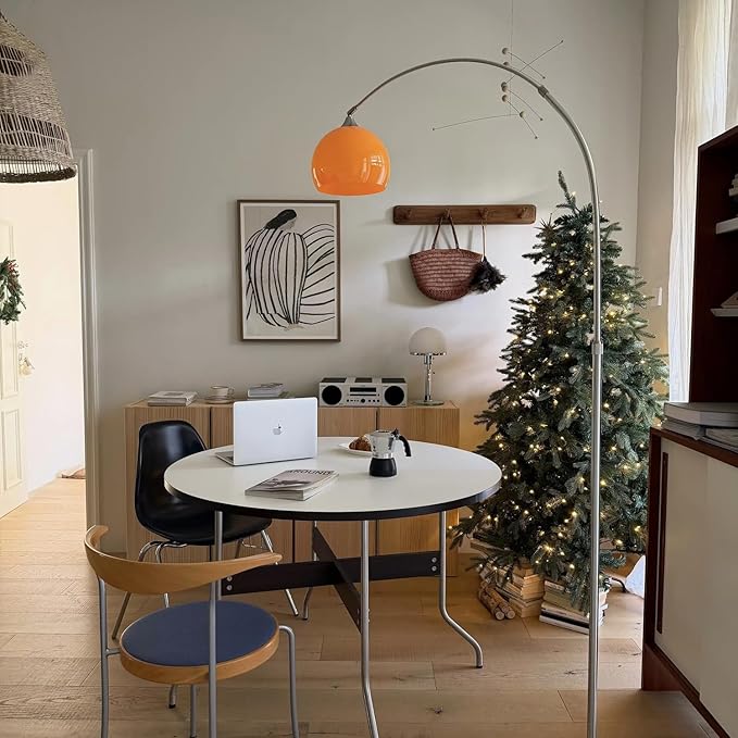 Orange Arc Floor Lamp with Acrylic Shade,Arch Reading Lamp Floor Standing,Mid Century Modern Orange Standing Lamp for Living Room Bedroom