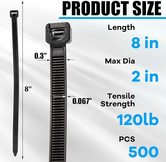Reallnaive 500 Pcs 8 Inch Zip Ties Heavy Duty 120 Lbs Tensile Strength Black Nylon Wire Cable Ties Bulk for Indoor Outdoor