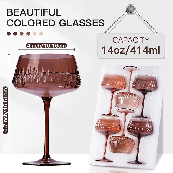 JOVGANK Amber Martini Glasses Set of 6, Hand Blown Colorful Glass 14Oz, Vintage Champagne Coupe Glasses, Large Brown Glass, Crystal Retro Style Bar Glasses, Housewarming and Mother's Day Gift