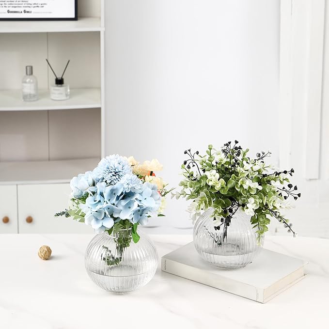 Round Glass Vases, Set of 2 Small Vases for Flowers, Clear Glass Vase for Tulips, Modern Vase for Living Room, Office, Coffee Table, Shelf, Wedding, 5 Inches