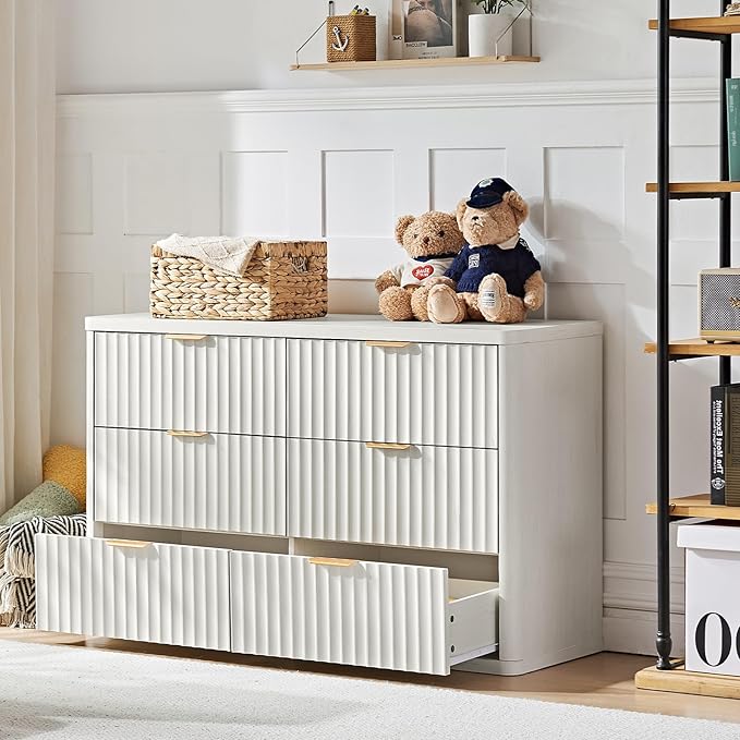 LEYAOYAO Fluted 6 Drawers Dresser Set of 2, 48" Wide Modern Chest of Drawers with Wood Grain Top, Curved Profile Design, Dresser TV Stand, Wooden Drawer Organizer for Bedroom, Living Room, White