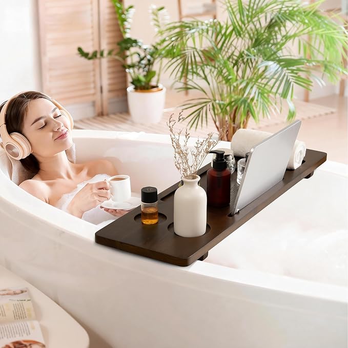 Teak Bathtub Tray - Wood Bath Caddy Tray 29" for Small Tubs - Adjustable Bathtub Table Trays - Luxury Shower Organizer for Home Spa Relaxation and Reading - Dark Walnut Color