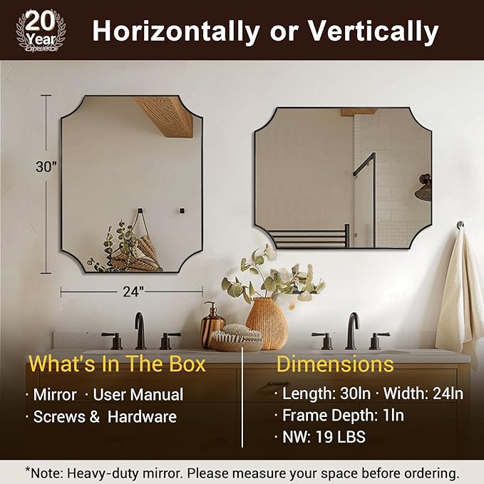 ANDY STAR 24"x30" Scalloped Vanity Mirror, Matte Black Framed Bathroom Mirror, Modern Wall Mirror in Premium Stainless Steel Frame, Aesthetic Scalloped Corner Design, Ideal for Bathroom Remodel