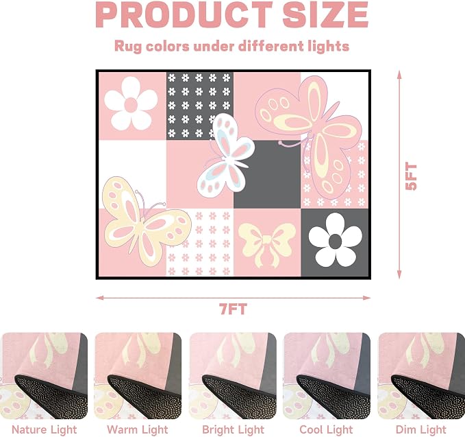 5'x7' Butterfly Area Rug Pink Butterfly Checkered Rugs for Bedroom Living Room Nursery Kitchen Playroom Home Decor Cute Flower Carpet Washable Non Slip Floor Mat