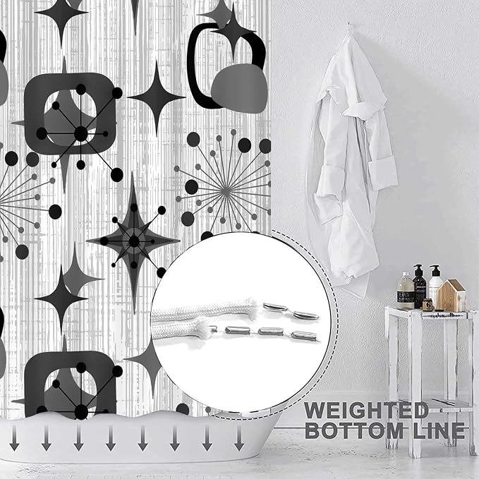 Mid Century Shower Curtain, 72x72inch, Modern Abstract Retro Grey Striped Geometric Shower Curtain Sets 1950s Boho Bathroom Shower Curtain with 12 Hooks