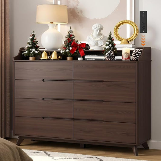 Dresser for Bedroom with 8 Drawers, 55" Large Dresser & Chest of Drawers with Charging Station, Wood Closet Clothes Storage Tall Dressers Organizer for Bedroom Living Room Hallway, Brown