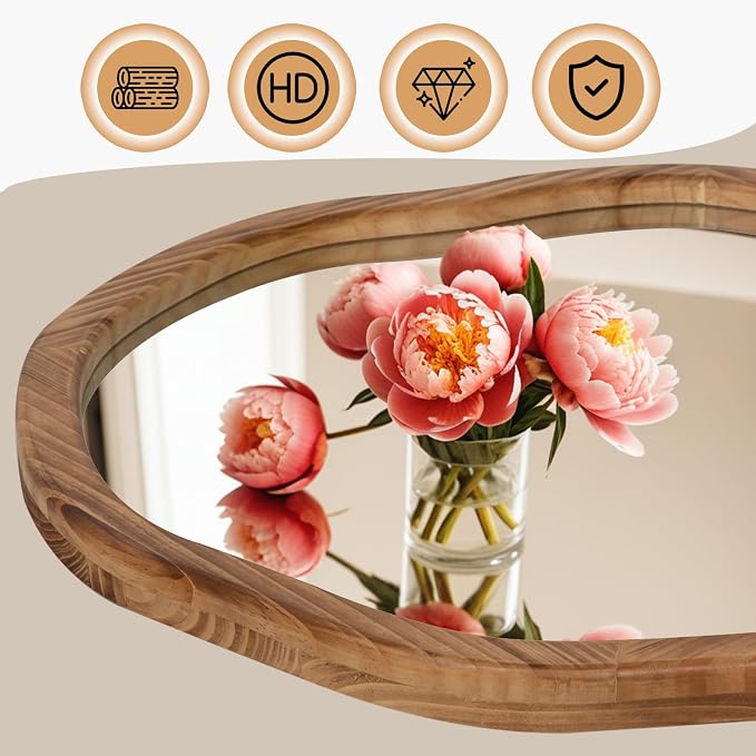 ULIKE Round Wood Mirror, 24 Inch Irregular Circle Vanity Wall Mirror with Wooden Frame, Rustic Decorative Wall Mount for Bathroom Bedroom Living Room Entryway, Rustic Brown